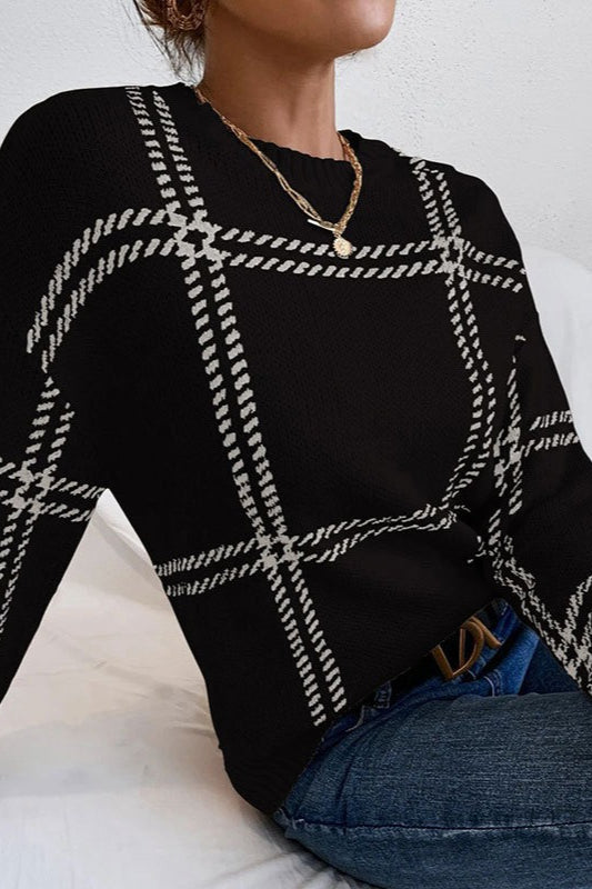 Plaid Crew Neck Relaxed Sweater