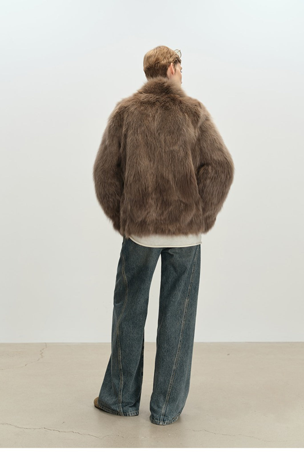 Minimalist Mid-Length Faux Fur Stand Collar Coat