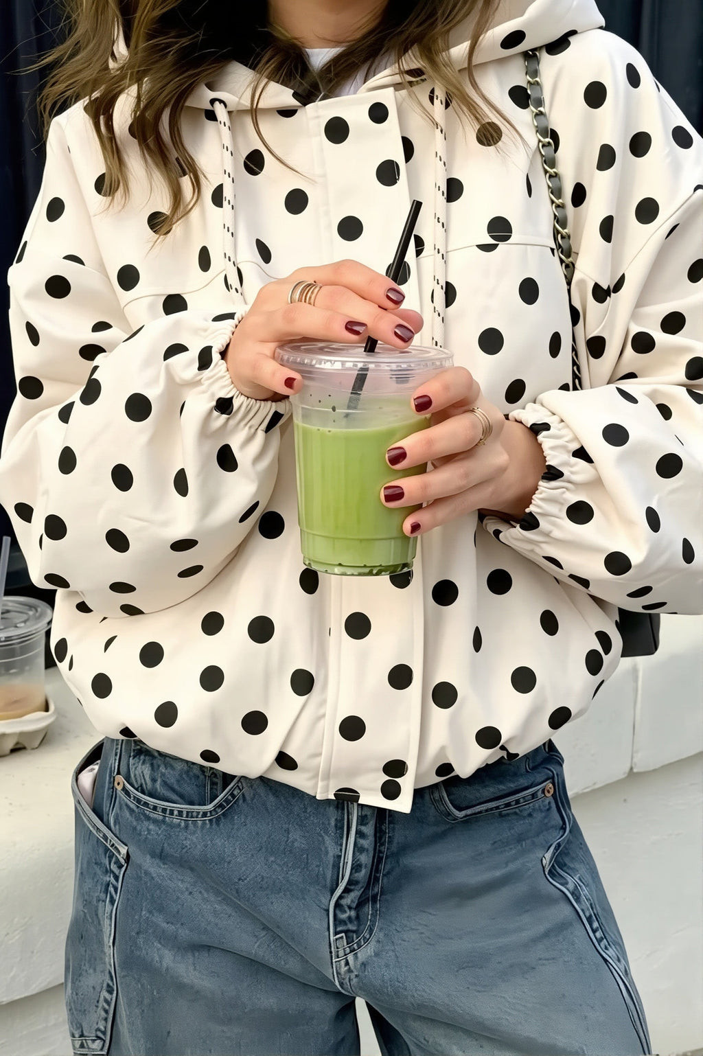 Polka Dot Hooded Cropped Coat