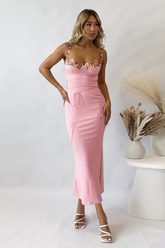 Floral Cup Detail Lace-Up Bodycon Maxi Dress
