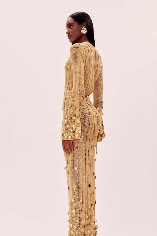 V Neck Belted Sequin Knit Maxi Dress