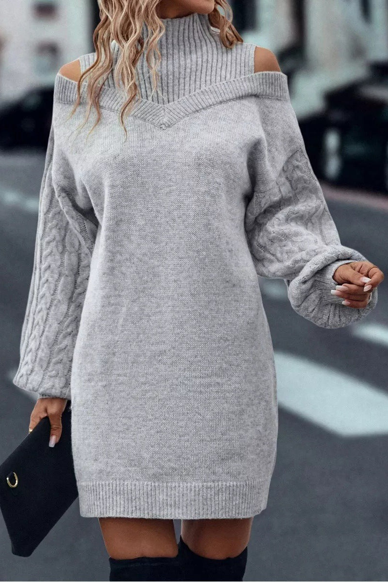 Cold Shoulder Turtleneck Balloon Sleeve Knit Sweater