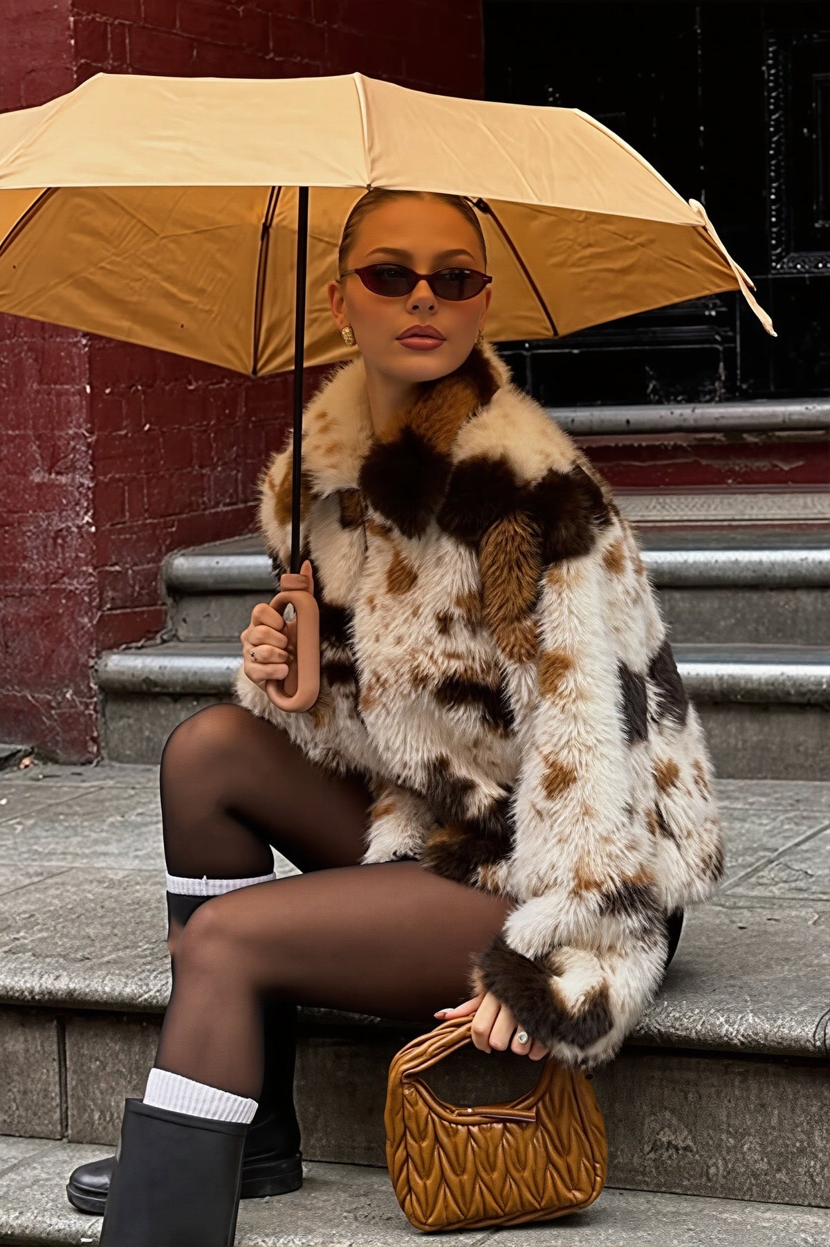Patchwork Spot Zip Faux Fur Coat
