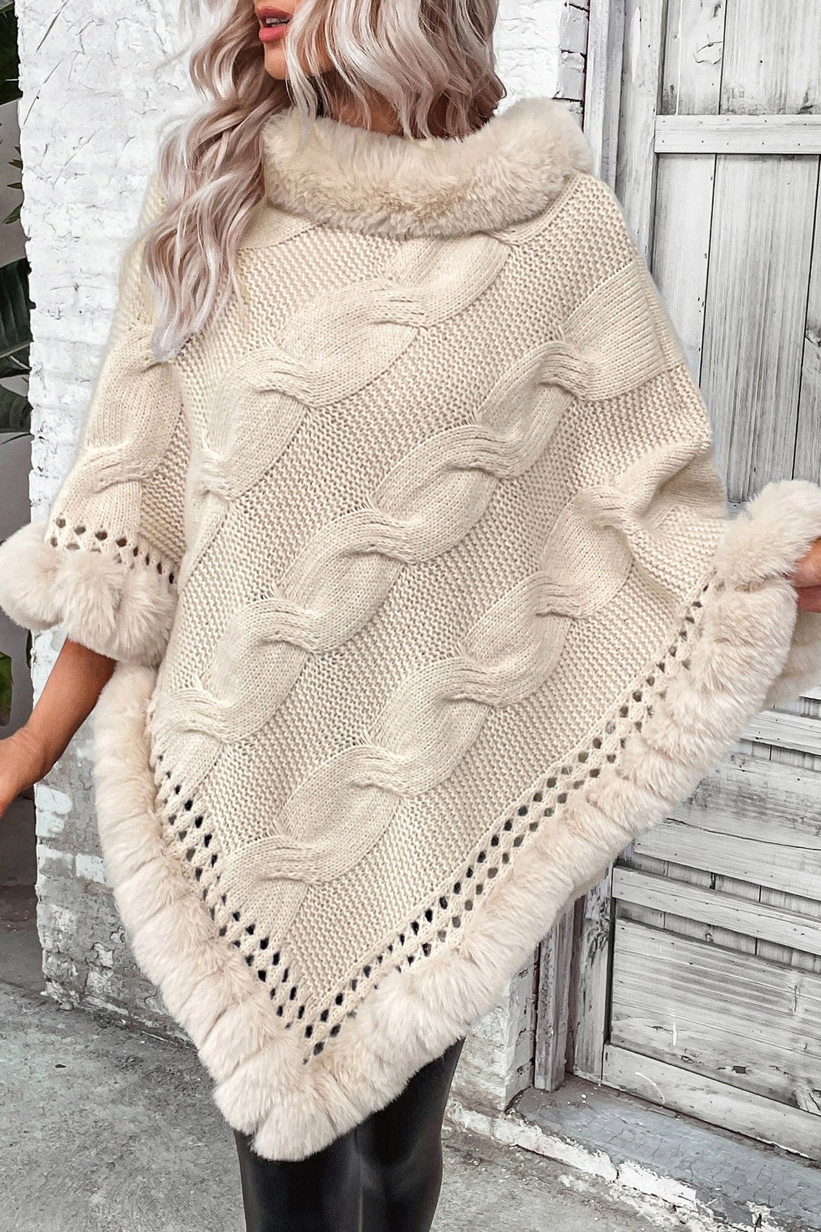 Vintage Cable Knit Fleece-Collar Poncho Coat