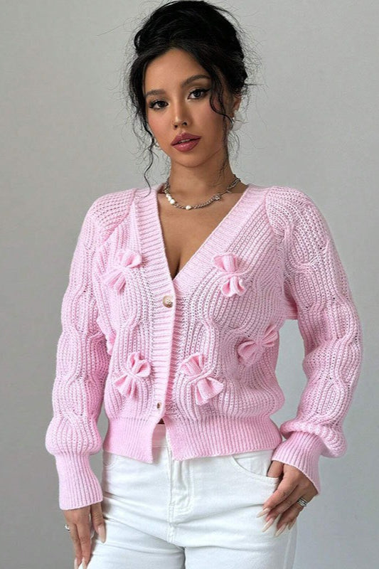 Bow Applique V Neck Button Knit Cardigan