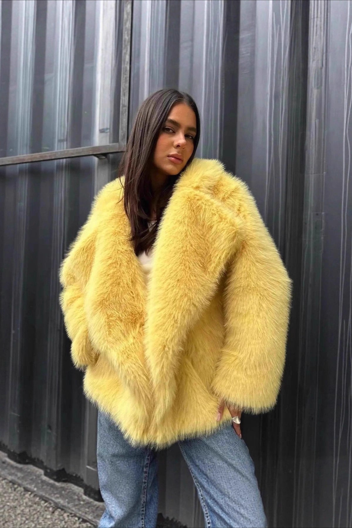 Yellow Faux Fur Open Front Coat