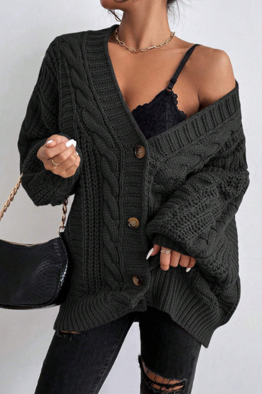 V-Neck Vintage Cable Knit Balloon Sleeve Cardigan
