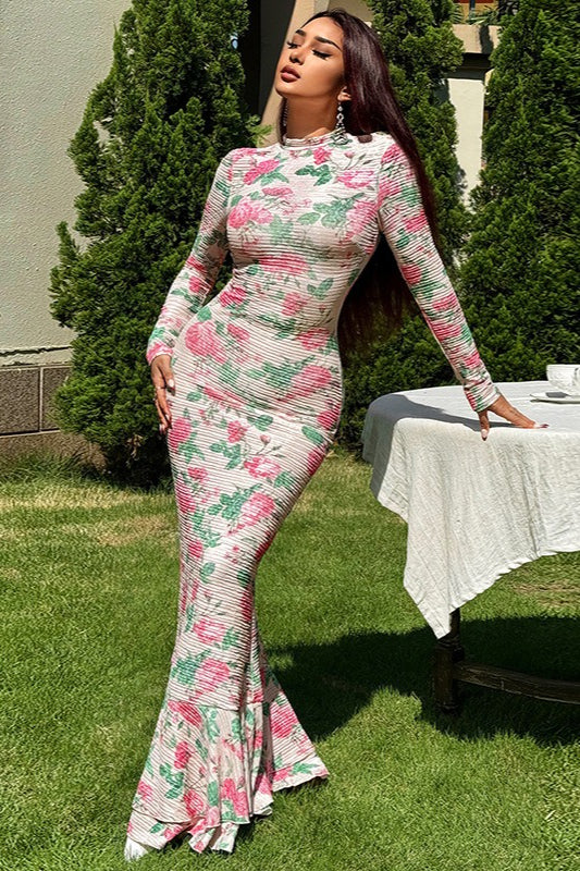 Elegant Floral Print Long Sleeve Bodycon Maxi Dress