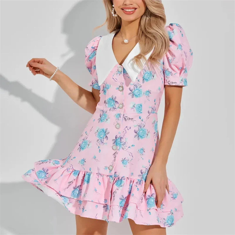 Printed Puff Sleeves V-Neck High Waist Mini Dress