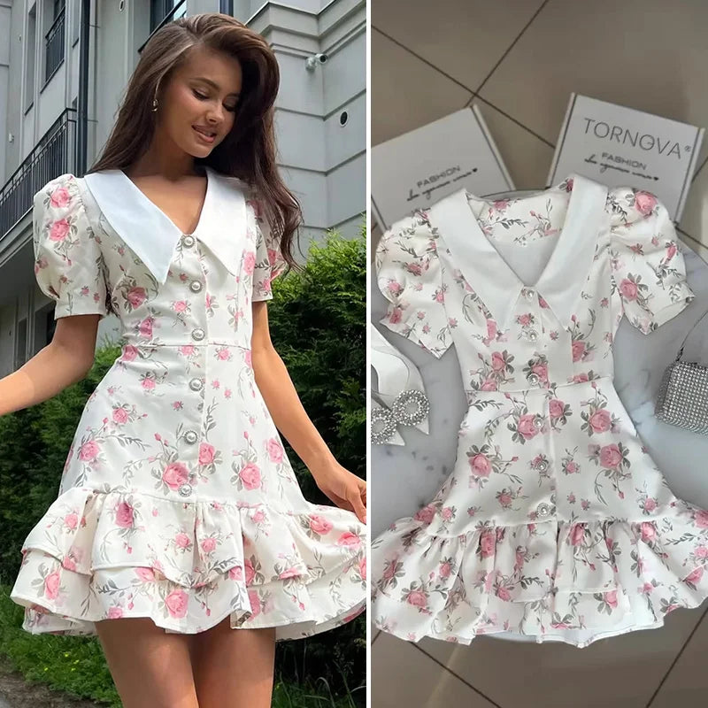 Printed Puff Sleeves V-Neck High Waist Mini Dress