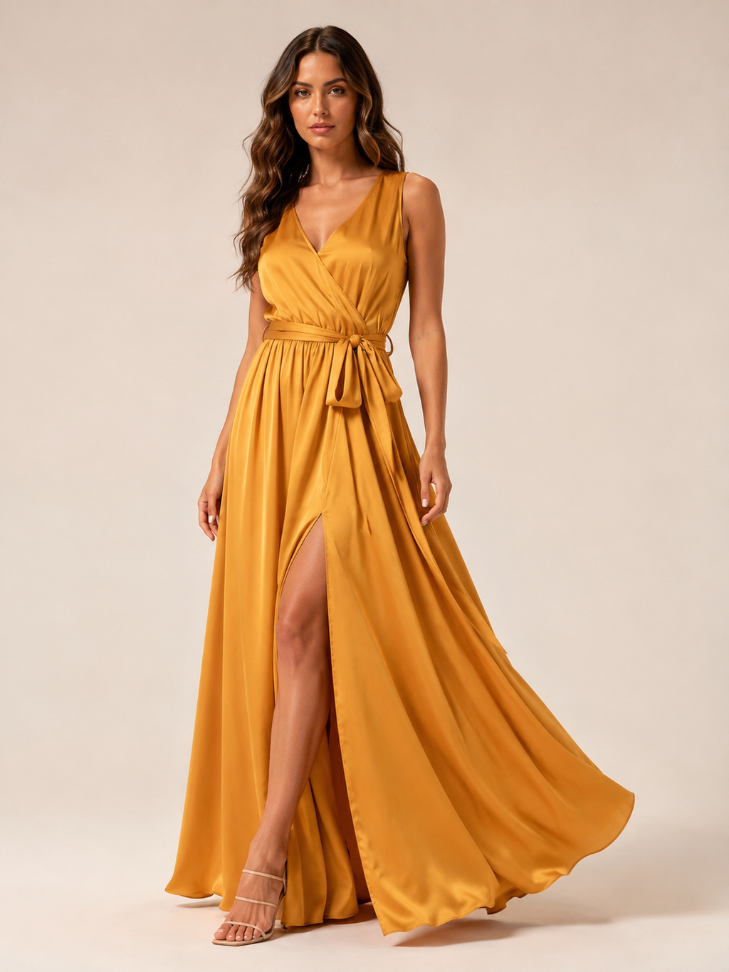 Léontine Robe Longue Femme – Robe Portefeuille Col V Ceinture Nouée Coupe Élégante