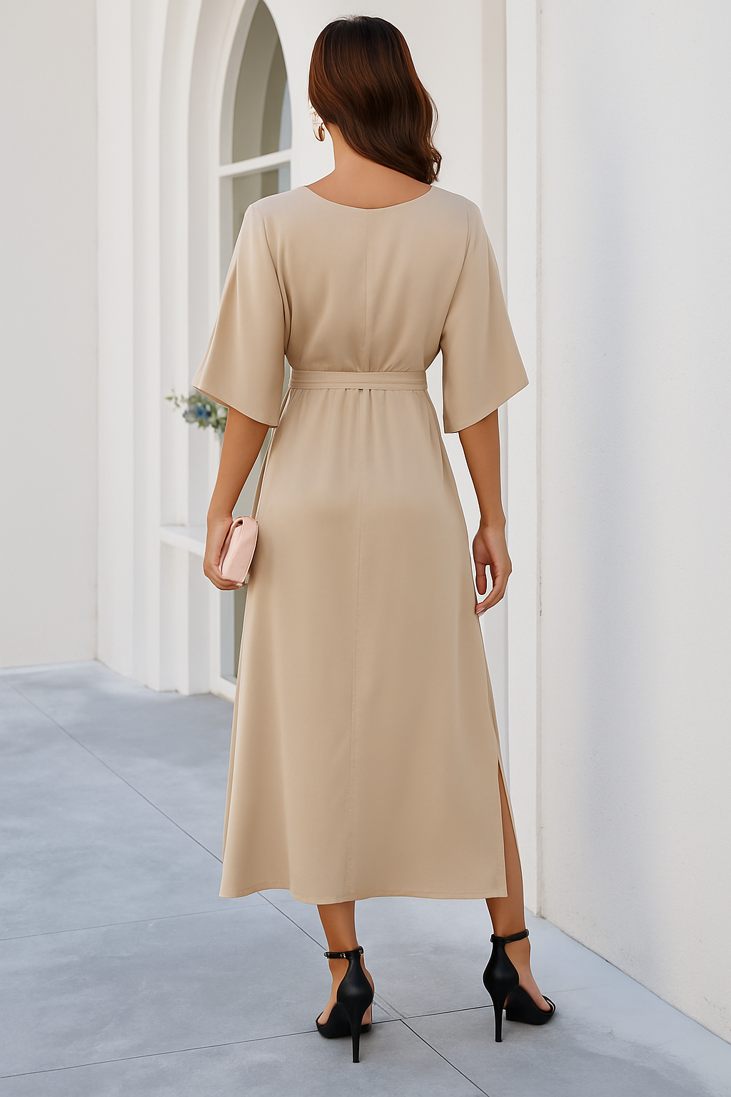 Robe Midi Élégante Femme Col V – Design Fendu avec Manches Chauve-Souris 3/4