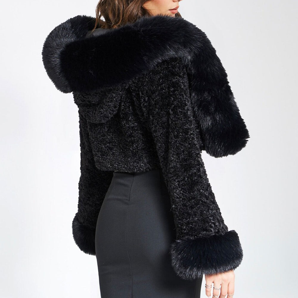 Solid Thickened Fur Collar Cropped Coat
