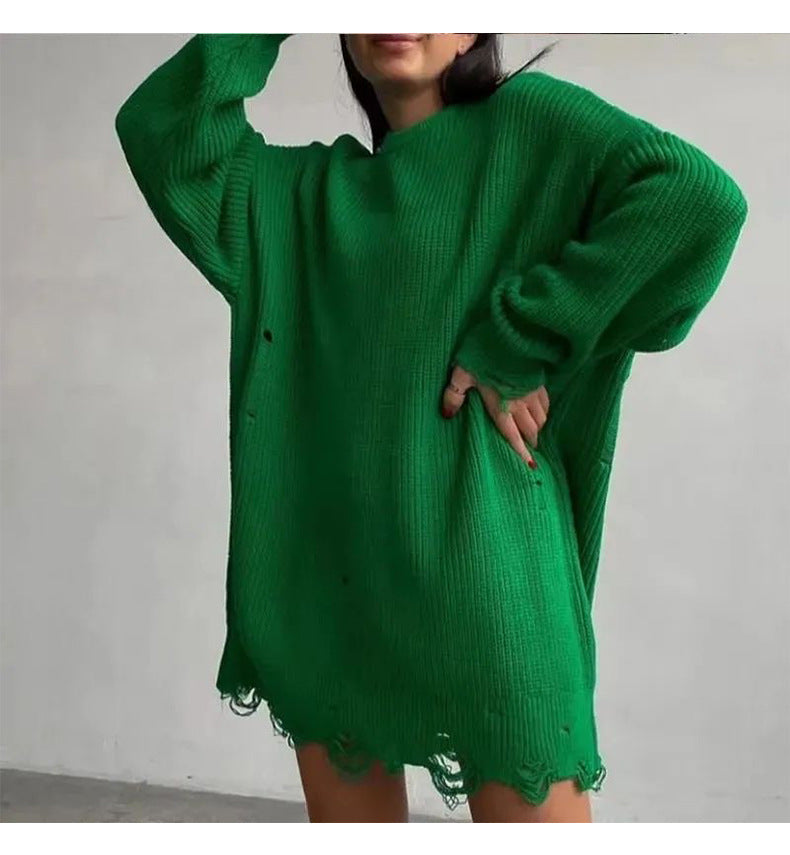 Distressed Longline Crew Neck Sweater