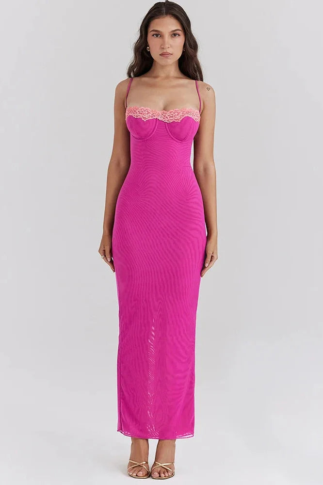 Lace Spaghetti Strap Sleeveless Bodycon Maxi Dress