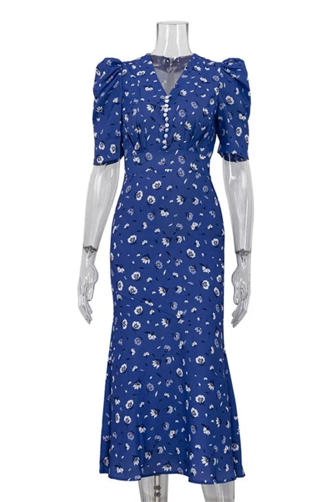 Printed High Waist V-Neck Short Sleeve Slim Maxi Dress