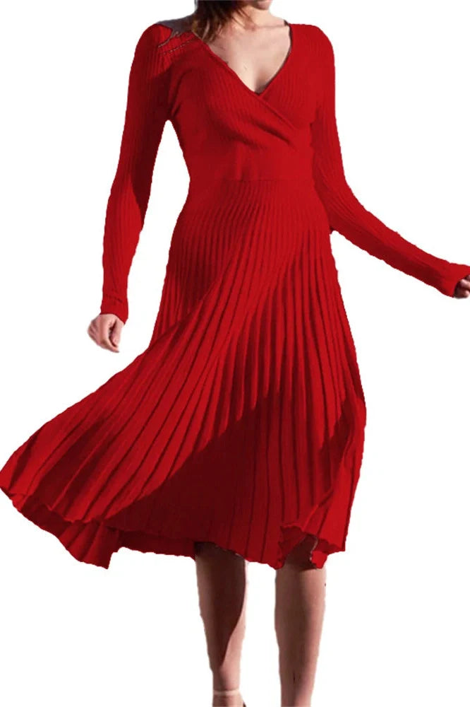 V-Neck Knitted A-Line Patchwork Midi Dress