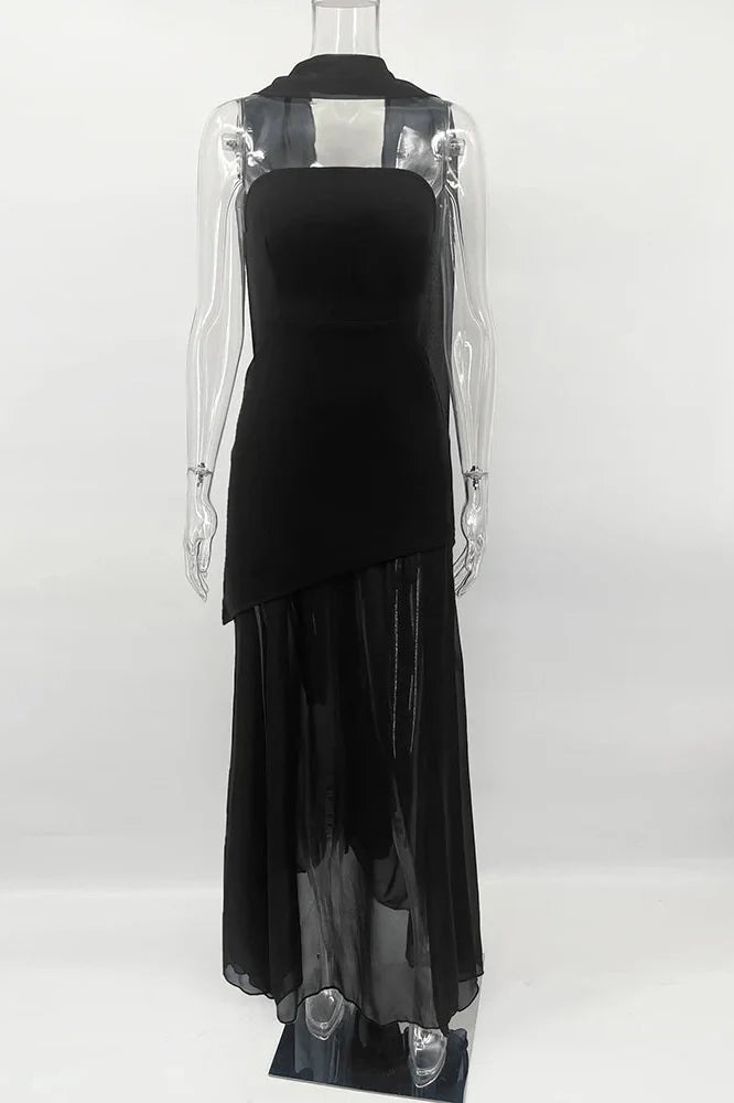 Elegant Strapless Slit Sleeveless Mesh Maxi Dress