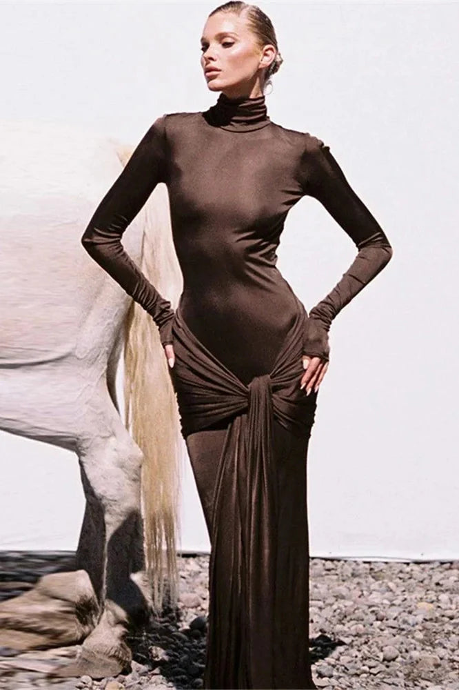 Slim Pleated Long Sleeve Lace-Up Maxi Dress