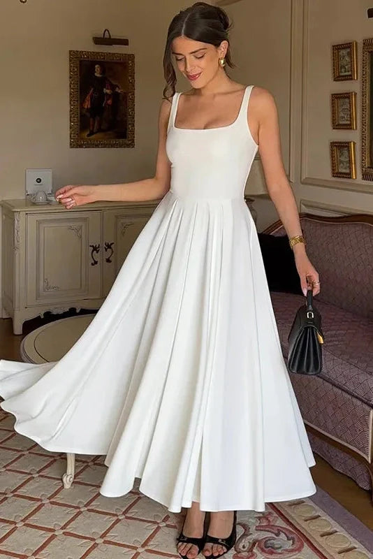 Elegant Square Collar Sleeveless High Waist Pleated Maxi Dress