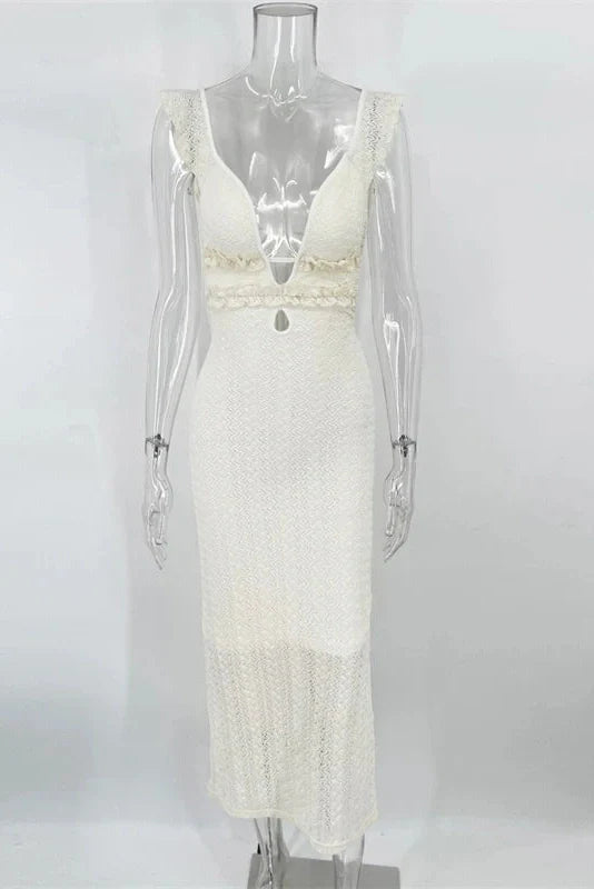 Deep V Neck Sleeveless See Through High Waist Knitted Maxi Dress