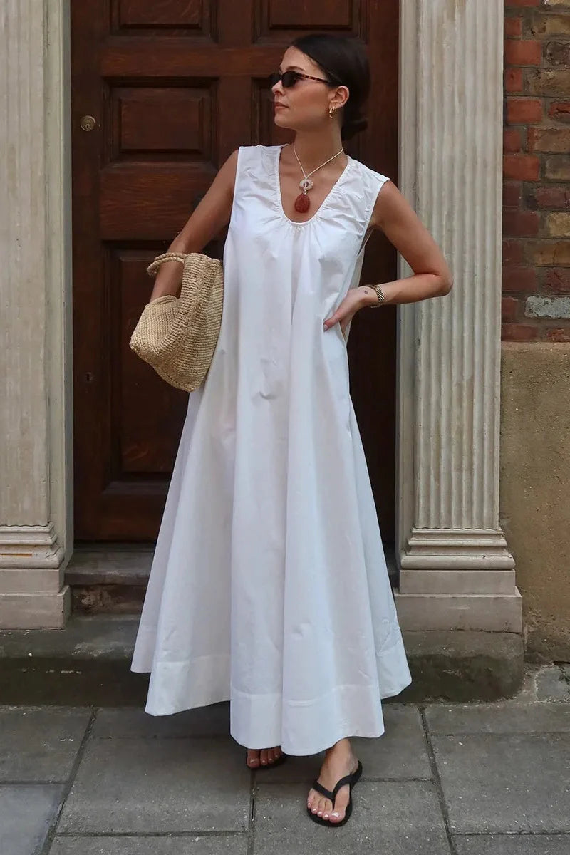 Sleeveless Cotton U-Neck Loose Maxi Dress
