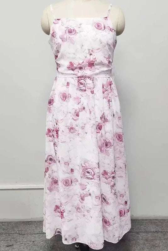 Slash Neck Printed Sleeveless High Waist Pleated Midi Dress