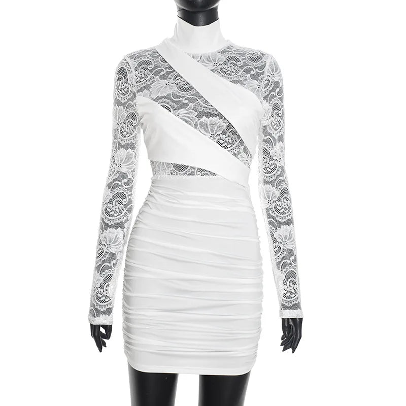 Lace Turtleneck Long Sleeve Bodycon Mini Dress