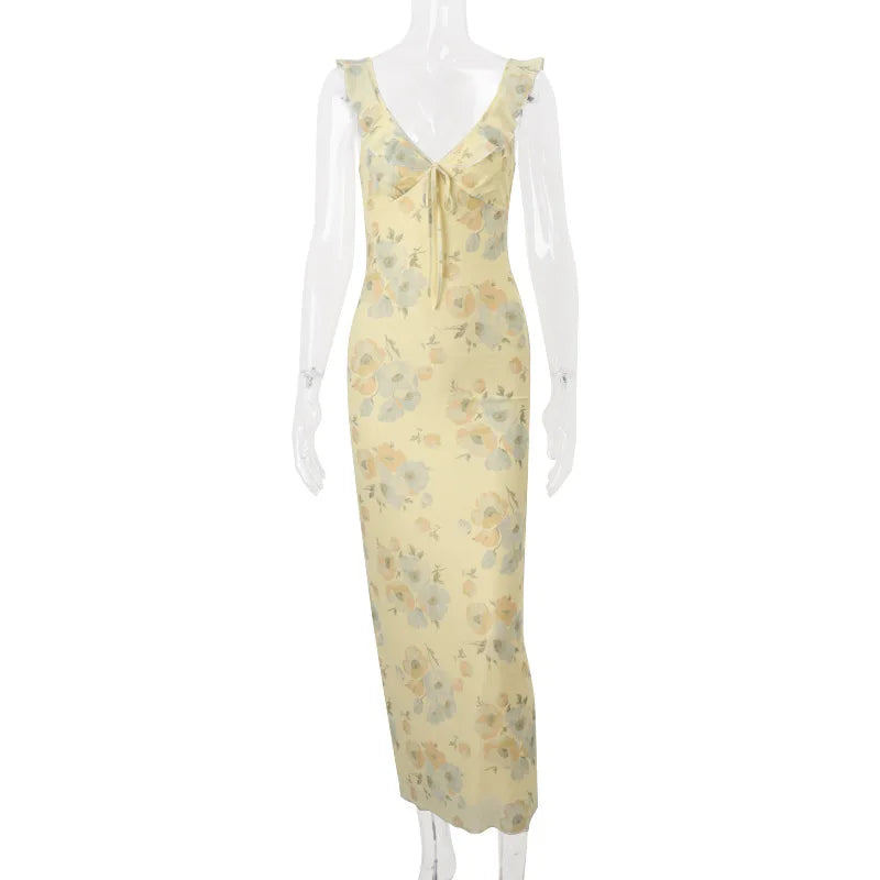 Printed V-Neck Sleeveless Slim Maxi Dress