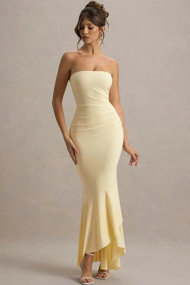 Off-Shoulder Strapless Sleeveless Backless Bodycon Pleated Maxi Dress