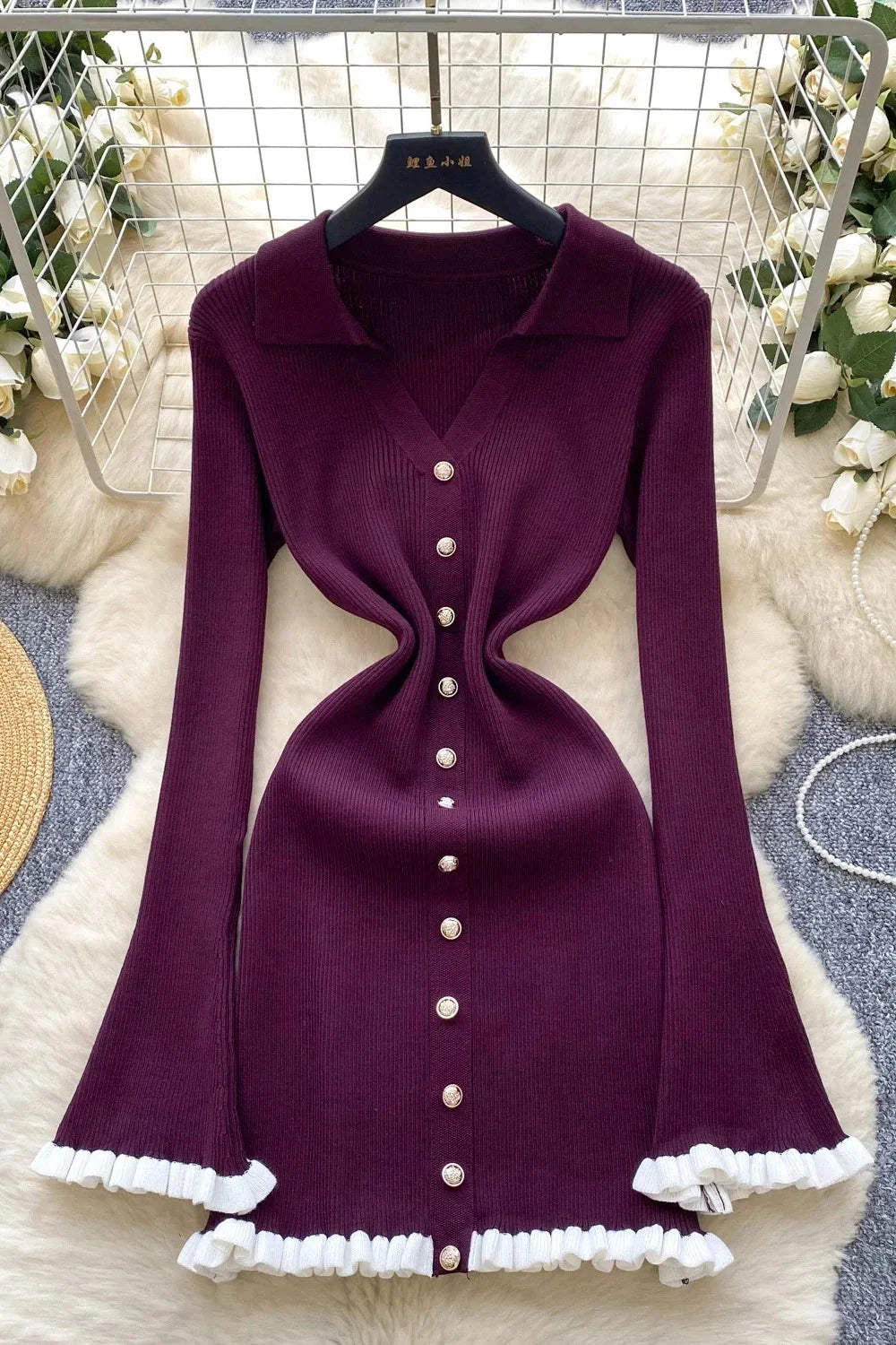 Elegant Knitted Long Sleeve Single-Breasted Bodycon Mini Dress