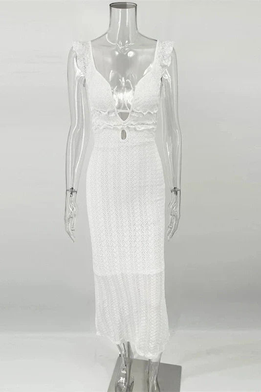 Deep V Neck Sleeveless See Through High Waist Knitted Maxi Dress