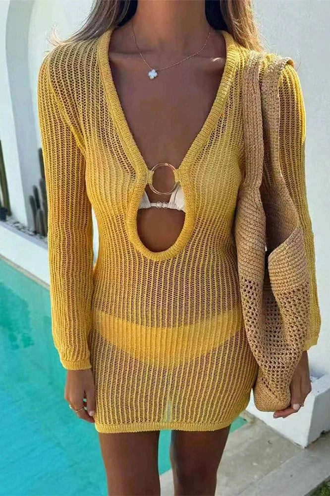 Elegant High Waist See-Through V-Neck Mesh Slim Mini Dress