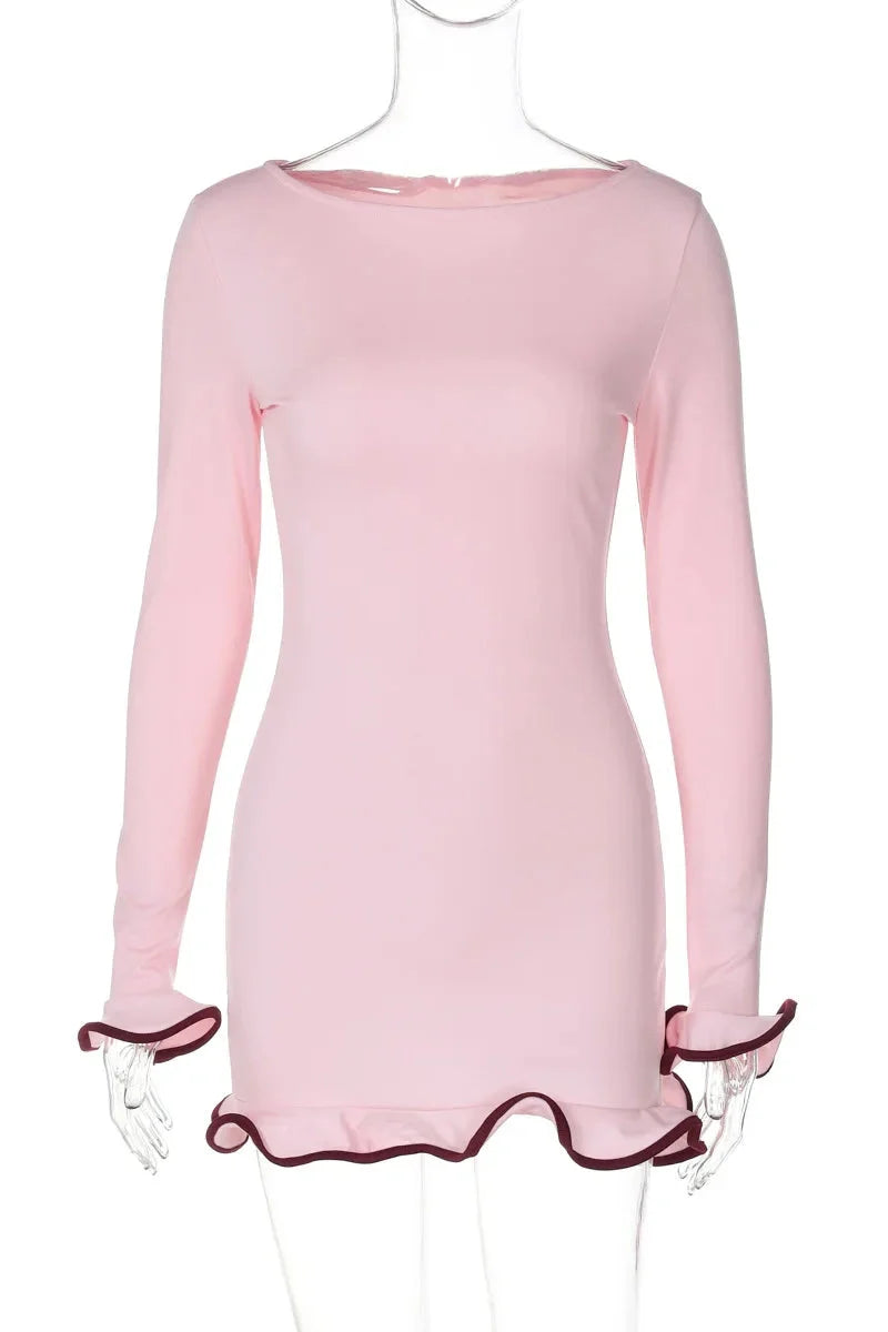 Elegant Slim Fit Patchwork Long Sleeve Backless Midi Dress