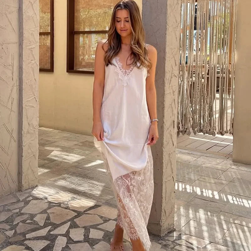 Lace Patchwork V Neck See Through Sleeveless Maxi Dress