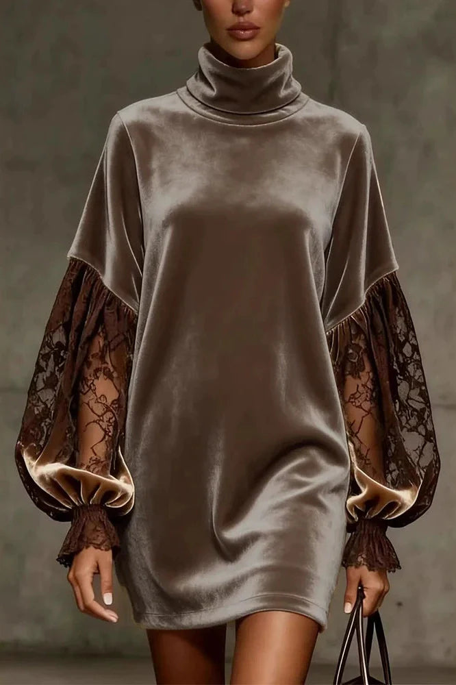 Hollow Out Lace Turtleneck Loose Mini Dress
