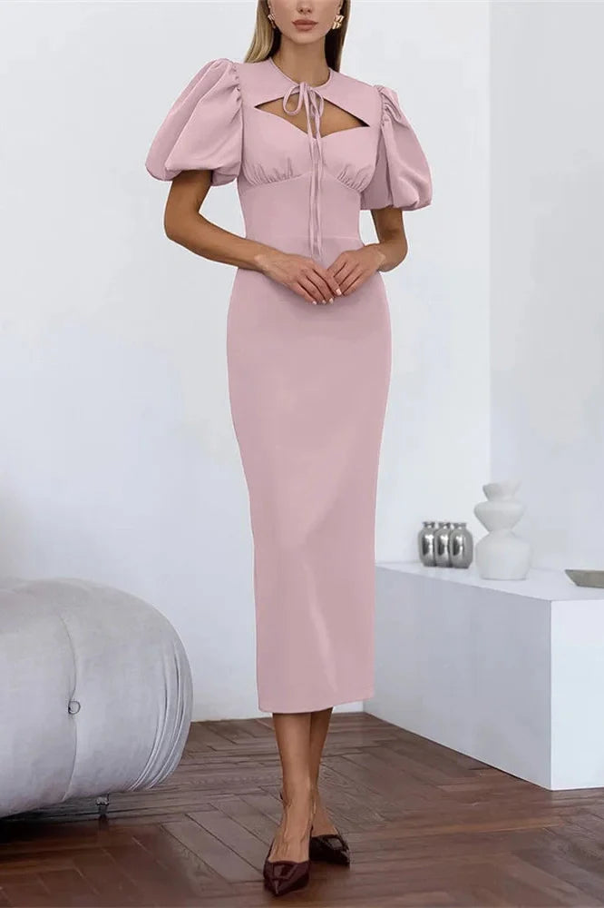 Lace-Up Slim Short Sleeve High Waist Patchwork Midi Dress