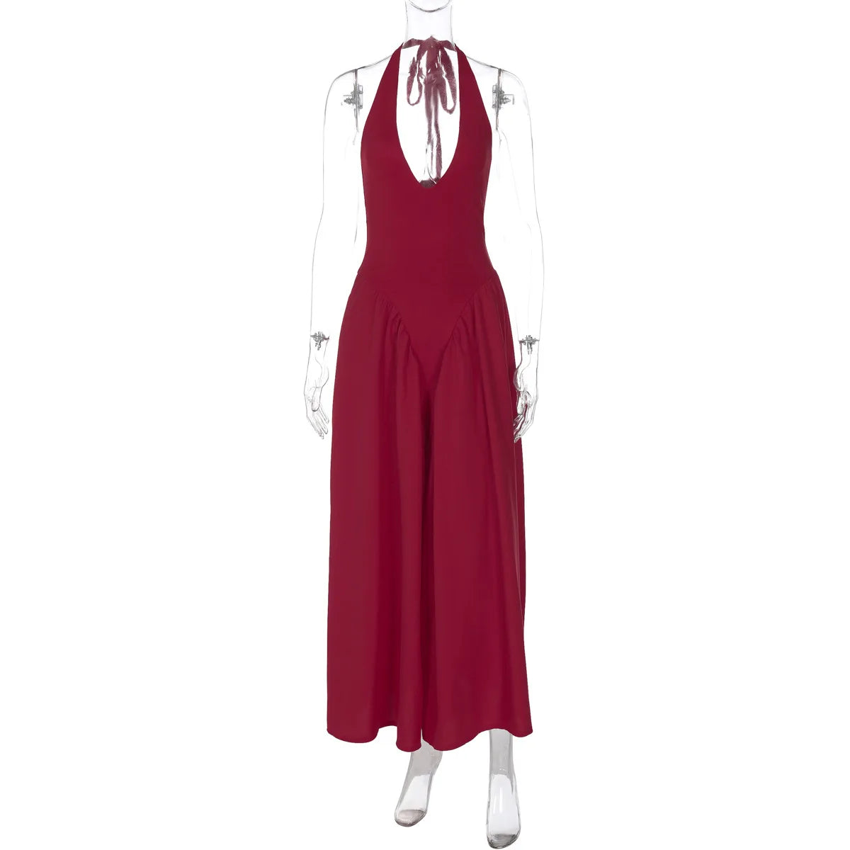 Deep V Neck A-Line Pleated Midi Dress