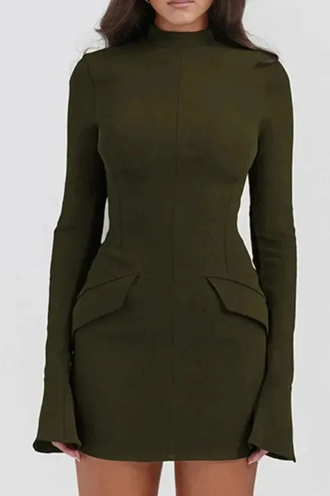 Elegant Slim Two Pocket Long Sleeve A-Line Mini Dress