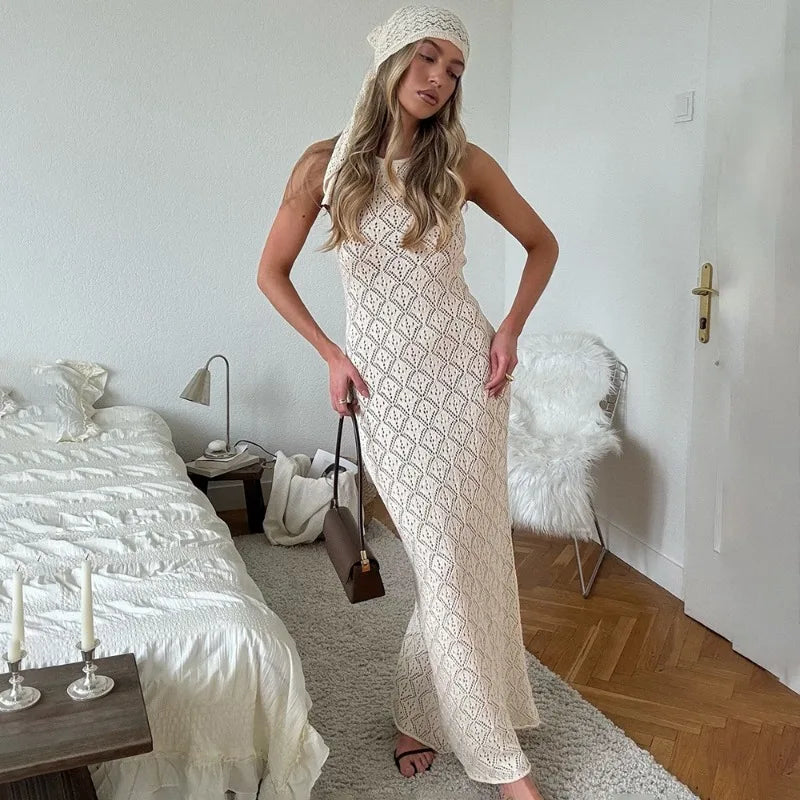 Elegant Hollow Out See-Through Sleeveless Maxi Dress