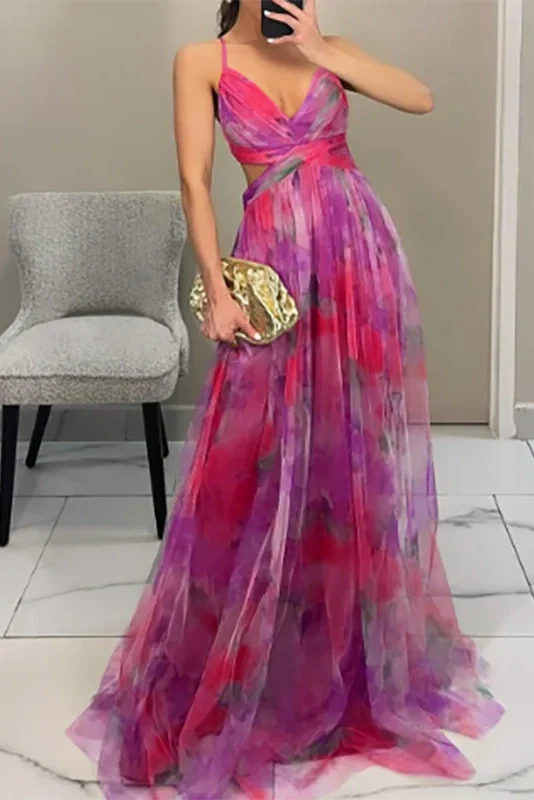 Elegant Print Pleated V Neck High Waist Backless Maxi Dress