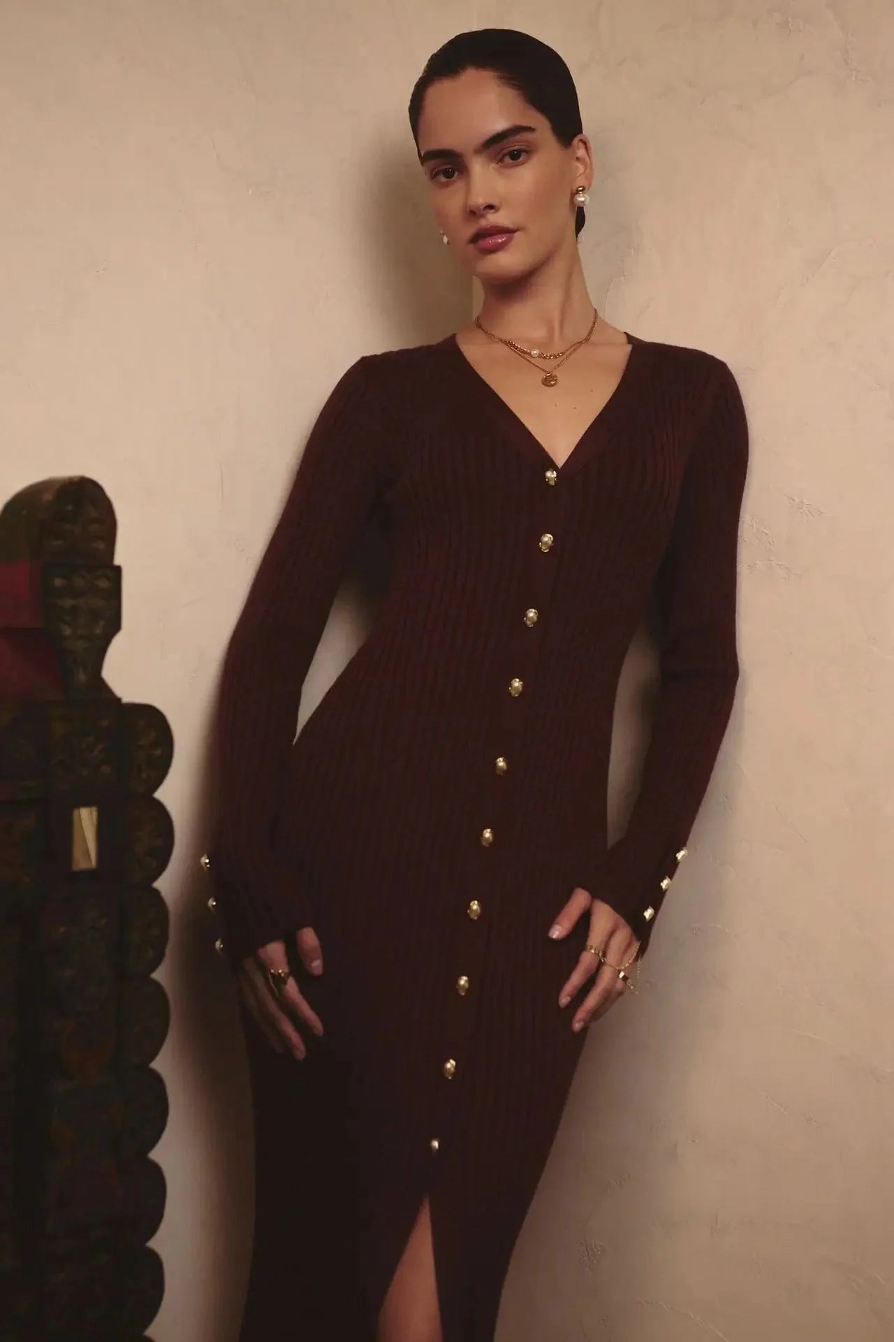 Knitting Slim Single-Breasted Long-Sleeved V-Neck High Waist Midi Dress