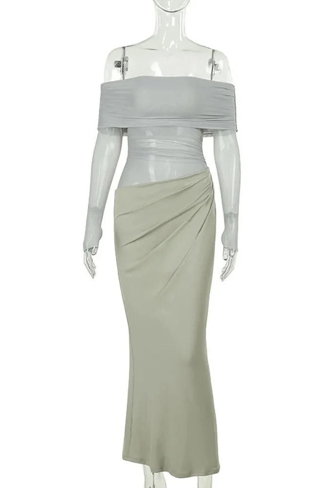 See-Through Patchwork Off-Shoulder Long Sleeve Maxi Dress