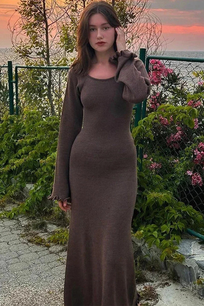 Knitted Backless Lace Up High Waist Maxi Dress