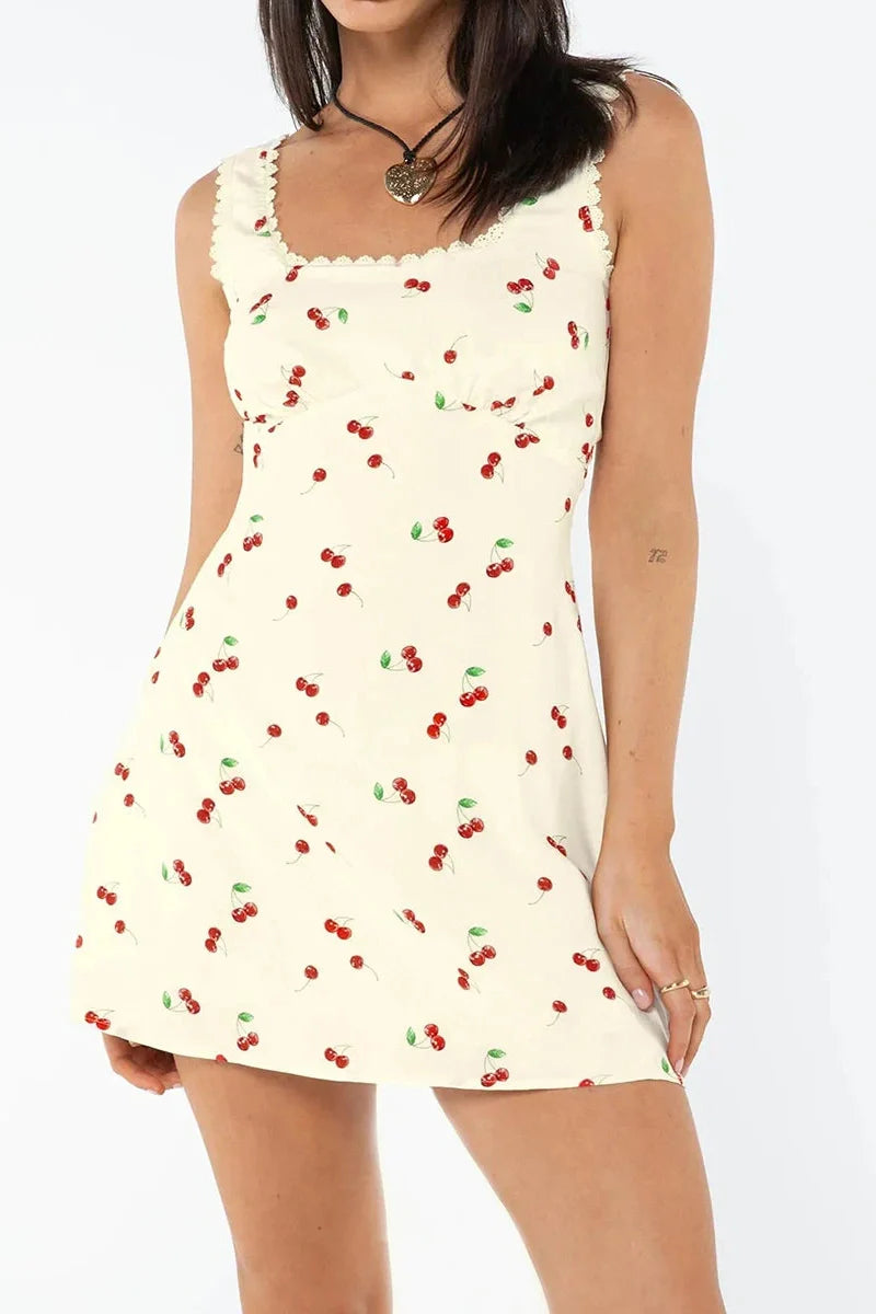 Square Neck Slim Fit Lace A-Line Sleeveless Mini Dress