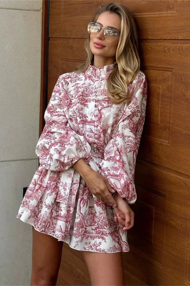 Printed Lace-Up Pleated Long Sleeve Mini Dress
