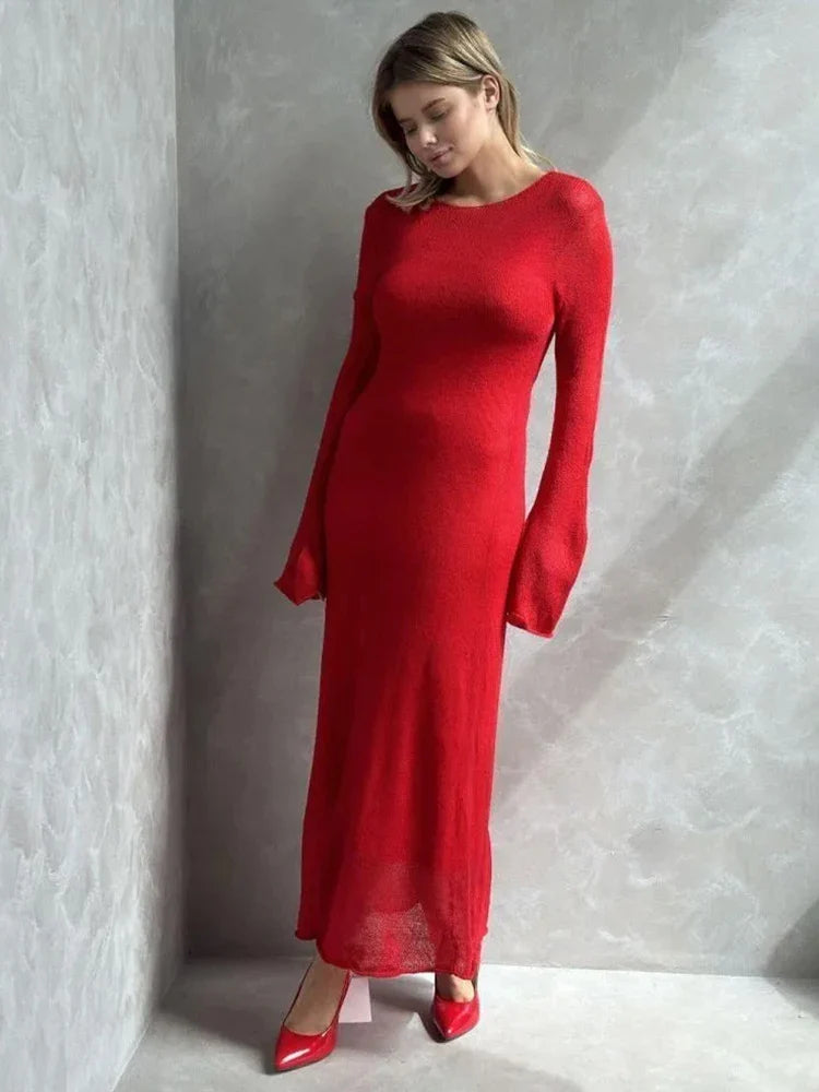 See Through Loose Long Sleeve Knitted Maxi Dress