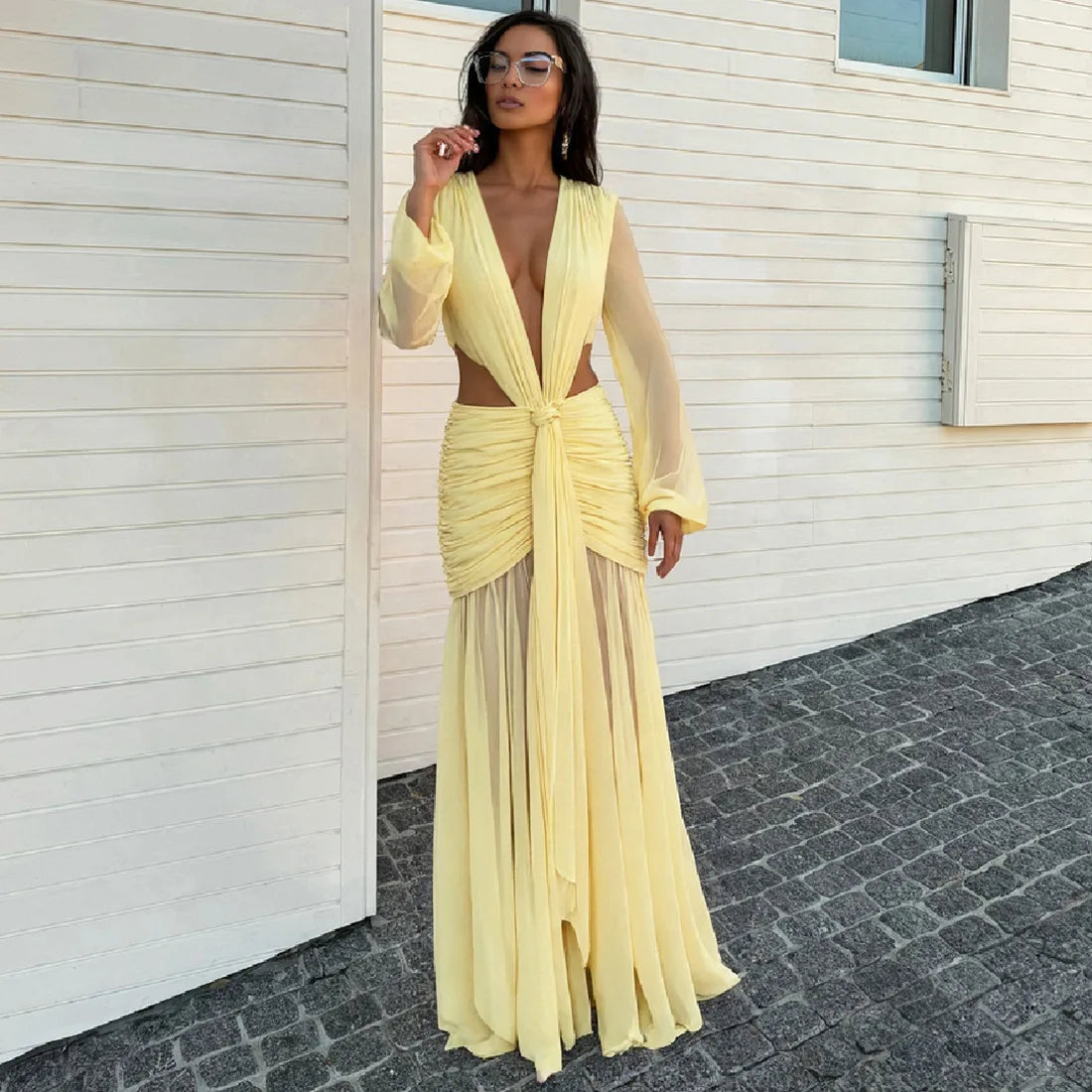 Pleated Deep V-Neck Bodycon Maxi Dress