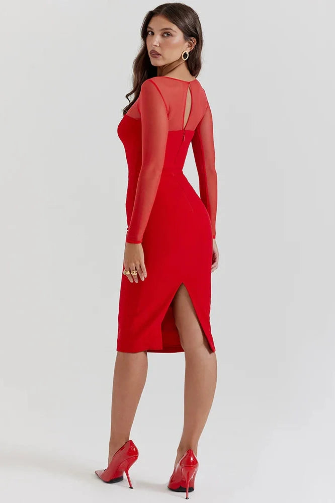 Elegant Long Sleeve Strapless Backless Split Bodycon Midi Dress