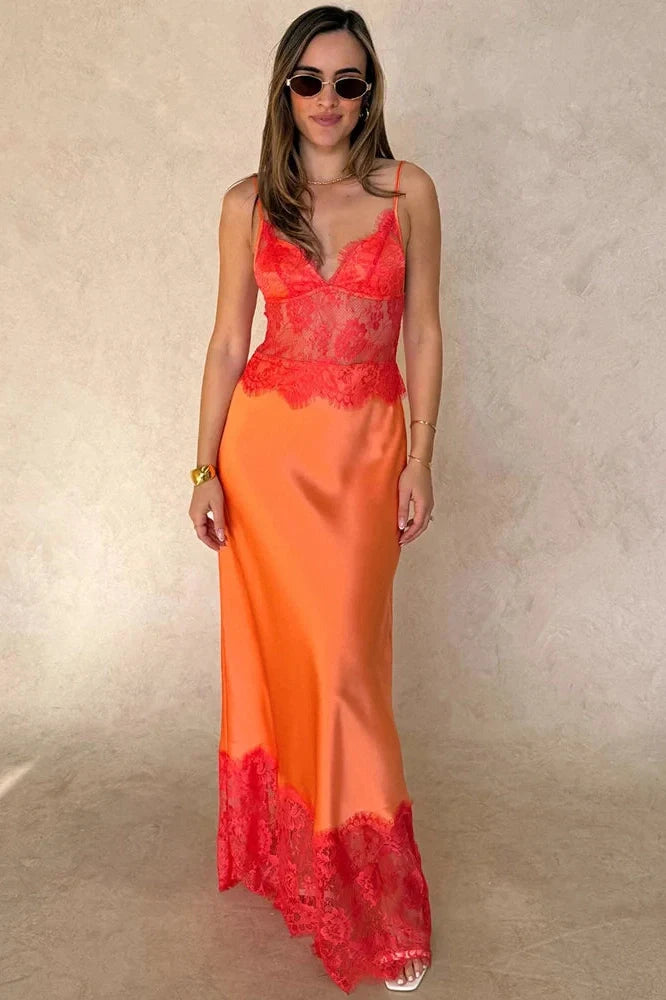 Spaghetti Strap Backless Lace Patchwork V Neck Sleeveless Maxi Dress